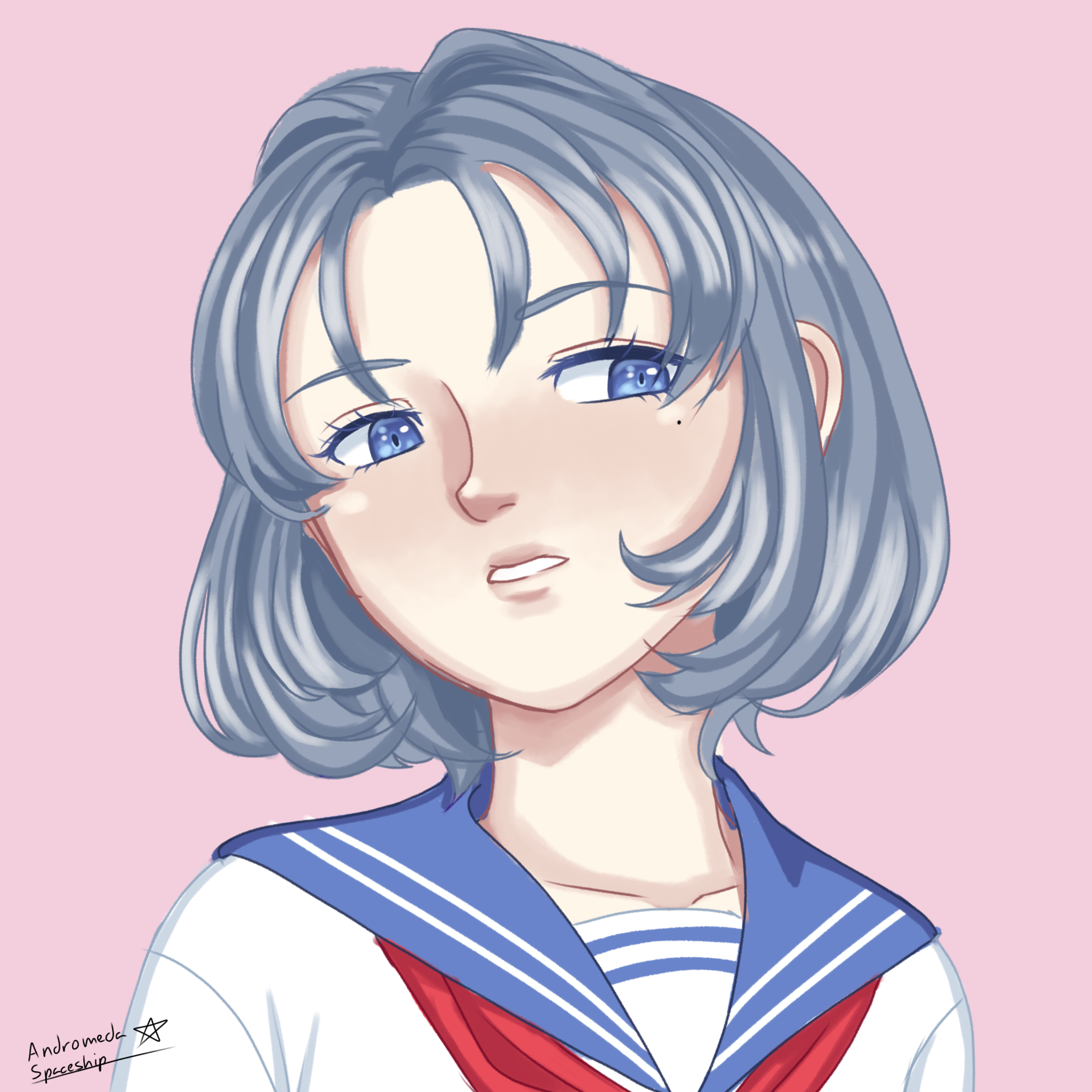 A digital drawing of a gray haired blue eyed girl